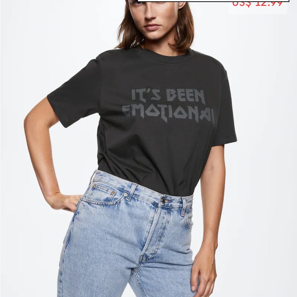 Mango Women’s Charcoal Gray Printed Message T-Shirt It’s Been Emotional
